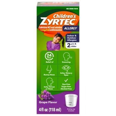 Children's Zyrtec 24 Hour Allergy Syrup with Cetirizine, Grape Children’s Zyrtec 24 Hour Allergy Syrup 8 fl oz – Grape Flavor Cetirizine for Kids - Image 1